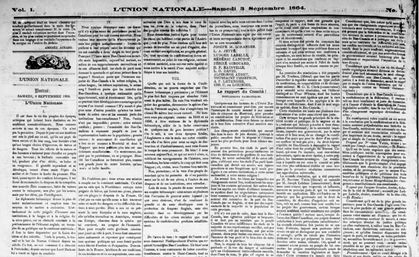 Second page of the first edition of the L'Union Nationale newspaper with an article by the newspaper's founder and participants in it.